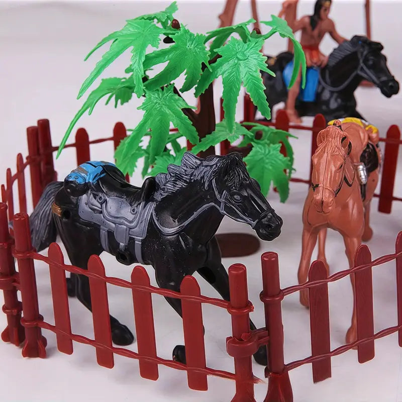 Plastic cowboy figures and horses with fences and accessories
