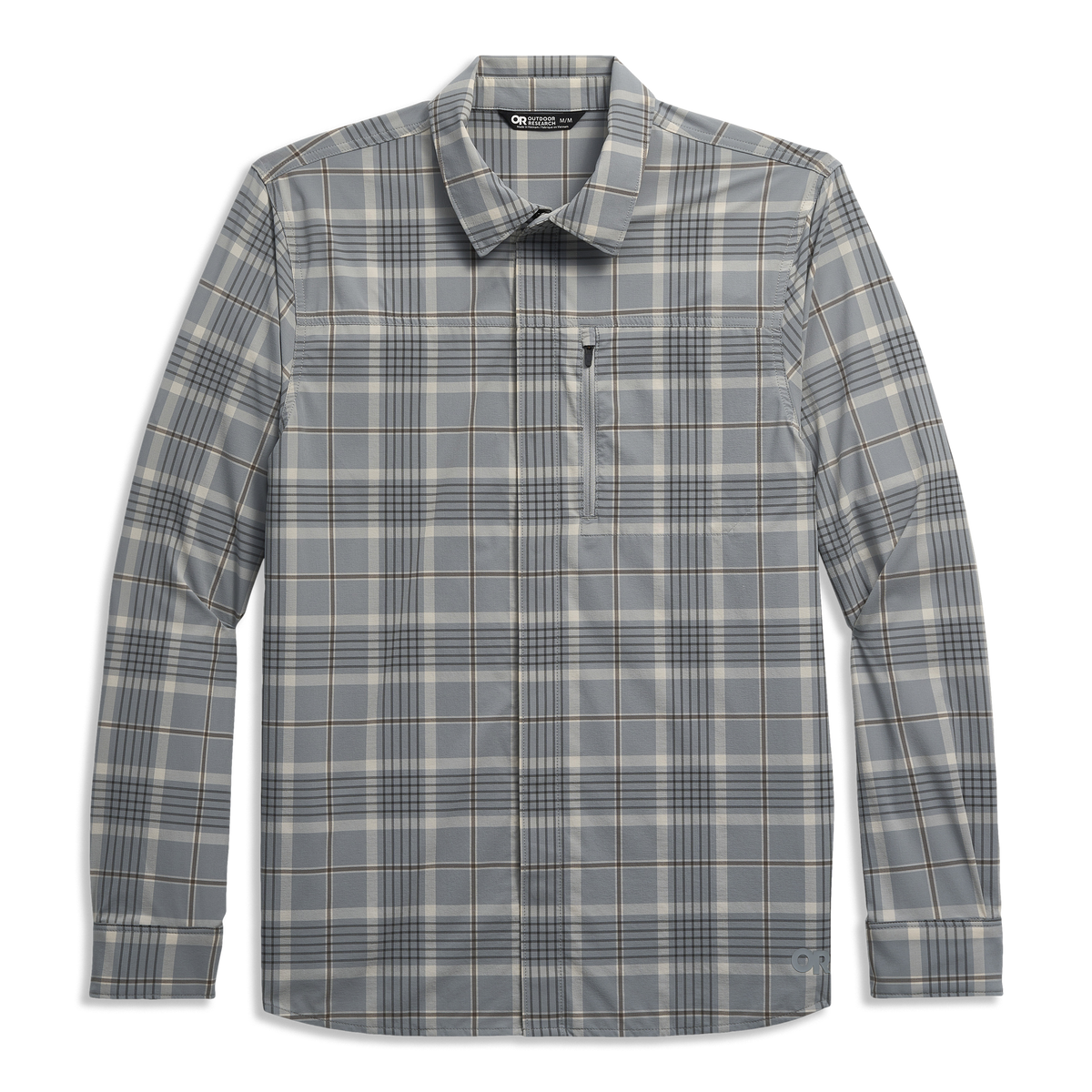 Outdoor Research Men's Astroman Long Sleeve Sun Shirt in Light Pewter Plaid, front view