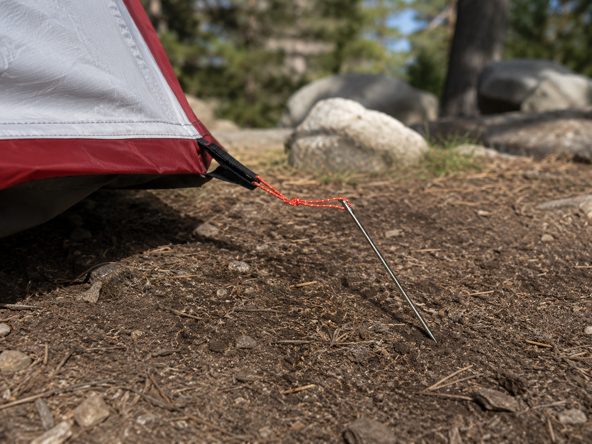 Molespike titanium tent stake securing a red and gray camping tent