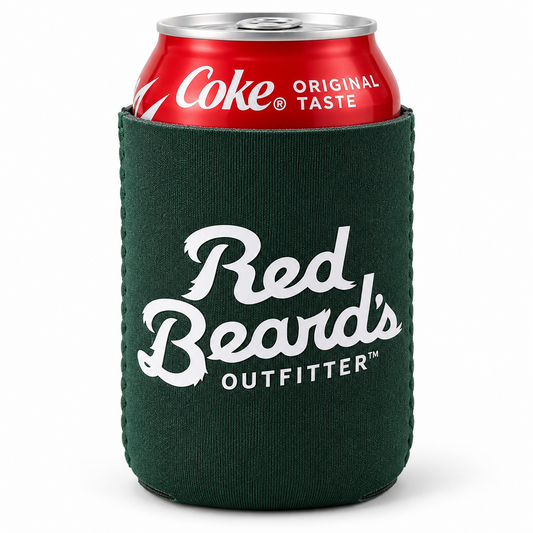 Red Beard's Outfitter logo side of the forest green Amateur Sketch can hugger