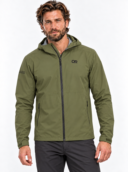RBO model wearing the Outdoor Research men's Stratoburst Stretch Rain Jacket in Ranger Green