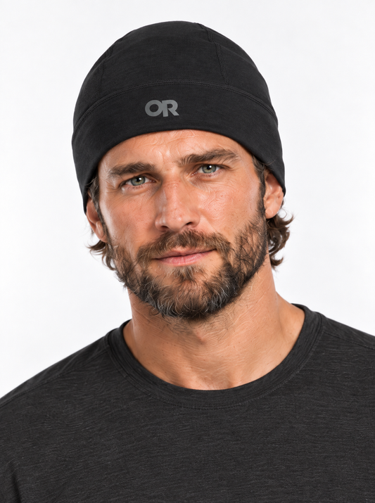 RBO model wearing Outdoor Research Alpine Onset Merino 150 Beanie