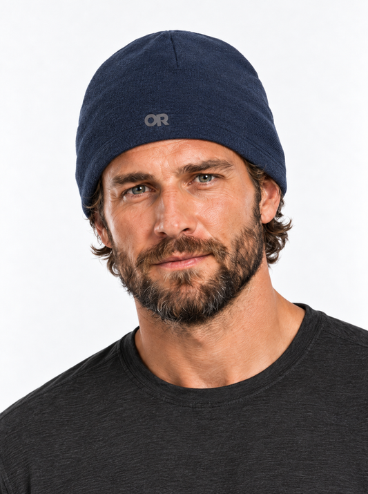 RBO model wearing Outdoor Research Crescent Fleece Beanie