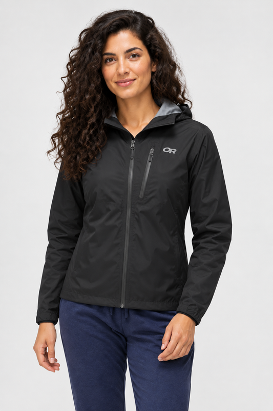 RBO model wearing Outdoor Research Helium II Jacket Women's in Black