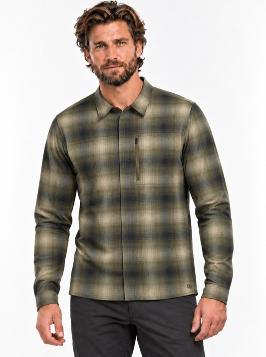 RBO model wearing Outdoor Research Men's Astroman Long Sleeve Sun Shirt