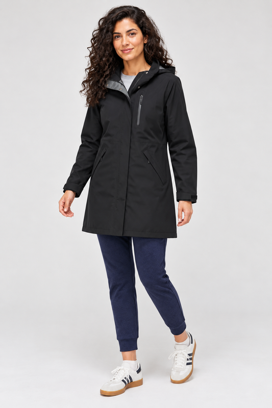 RBO model wearing Outdoor Research Women's Aspire 3L Trench in Black 25