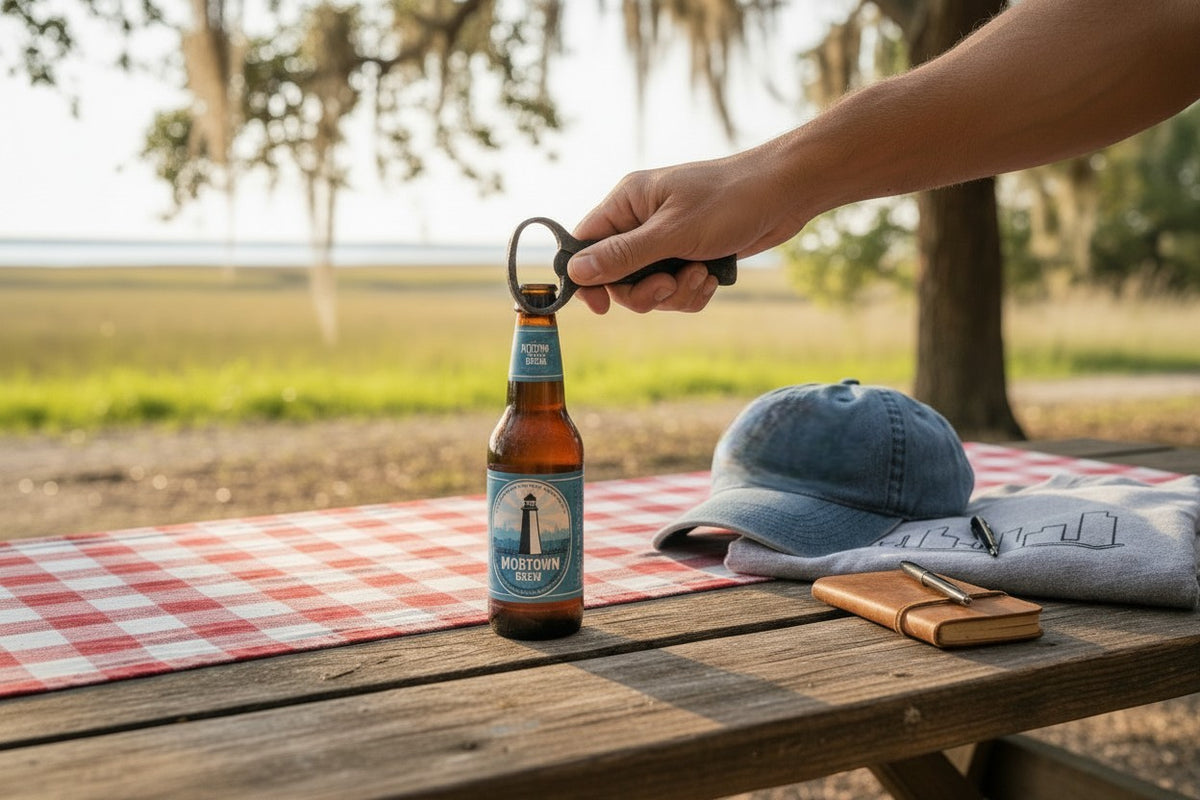 Red Beard's Outfitter metal bottle opener being used on a beer bottle at a picnic.