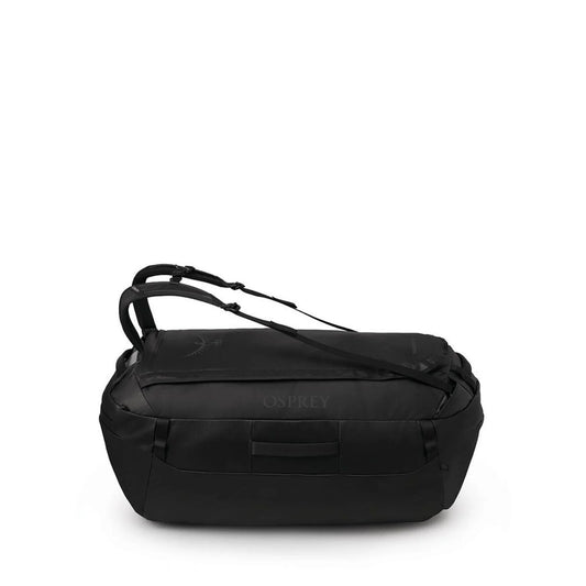 Side profile of Osprey Transporter Duffel 120 in Raven Black with backpack straps.