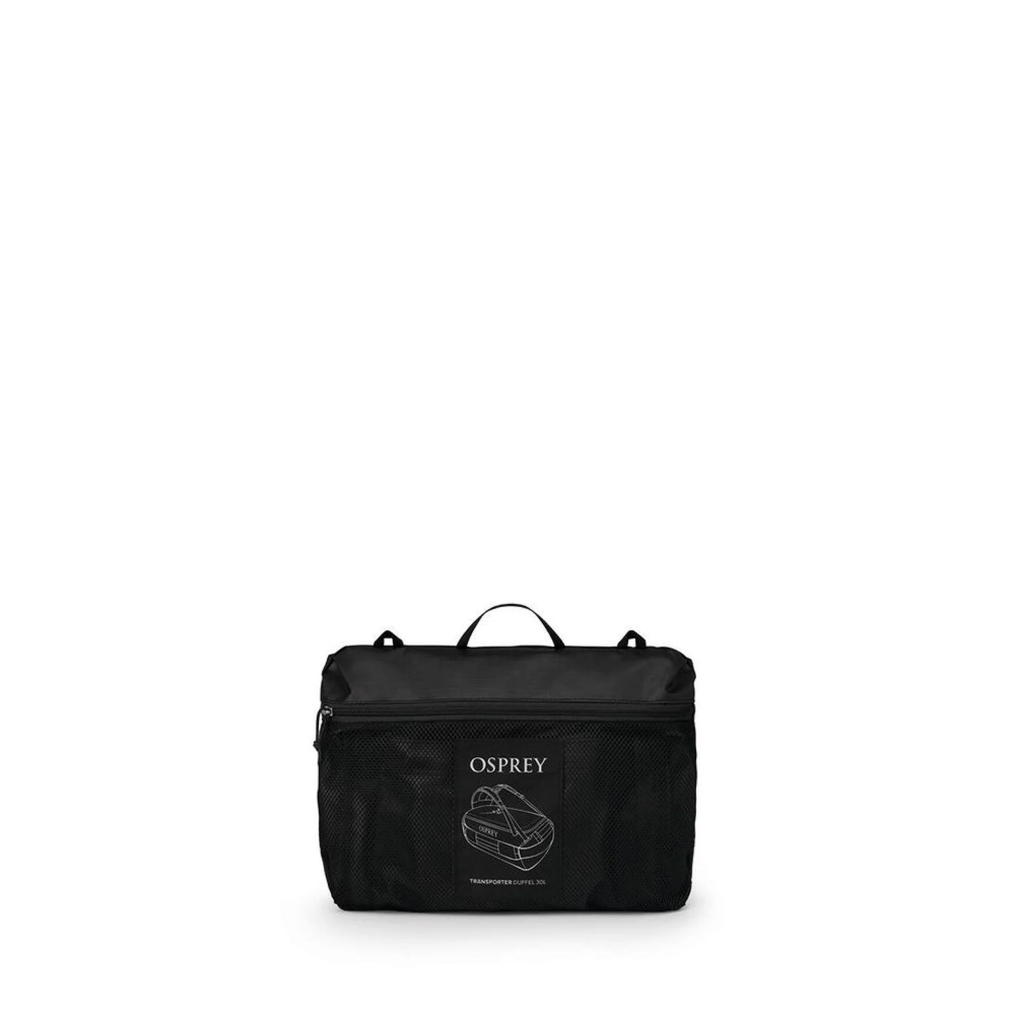 Black Osprey Transporter Duffel 30 stored compactly in a mesh carrying case with Osprey logo.