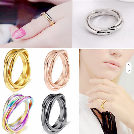 Willow + Wren Everly Interlocking Ring shown in silver, gold, rose gold, rainbow, and black finishes