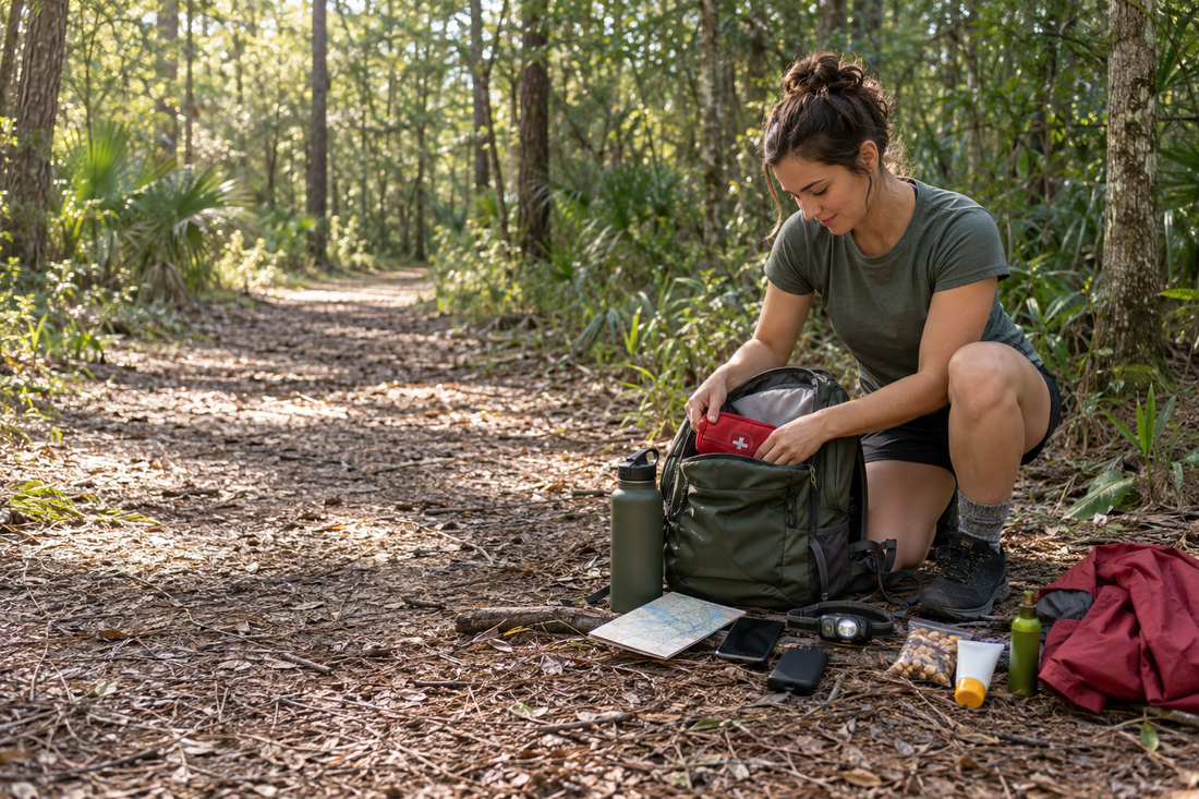 Beginner hiker packing day hiking essentials on a wooded Gulf Coast trail near Mobile Alabama