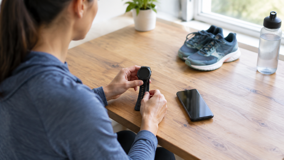 Person sets up a round sports watch beside a smartphone and running shoes