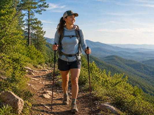 Hiker using LEKI trekking poles on a mountain trail