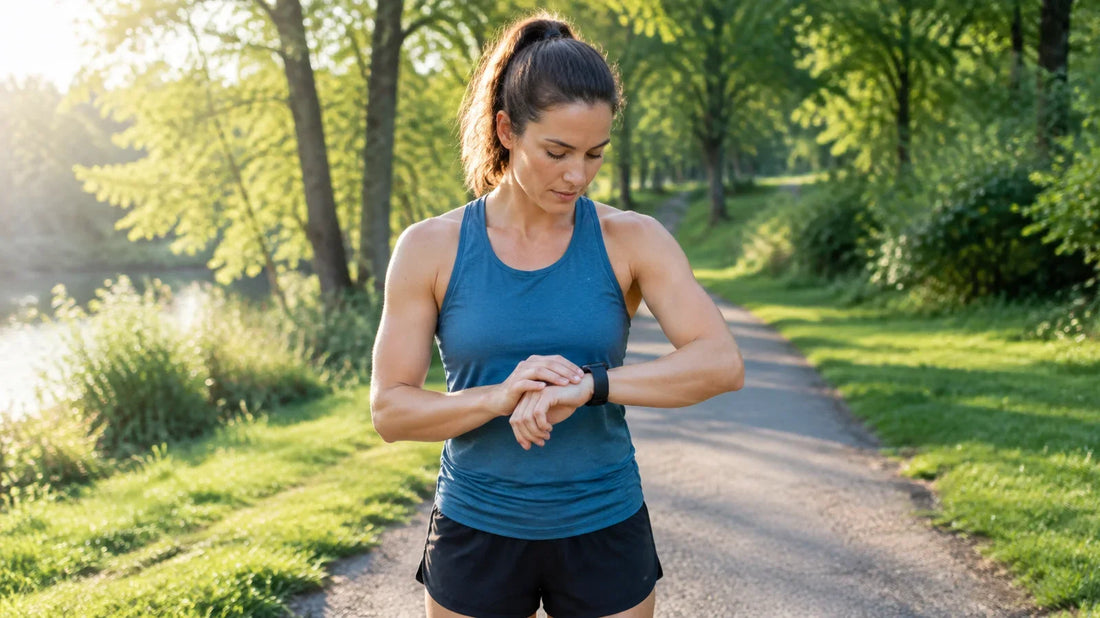 Runner checks a round sports watch on a tree-lined park path