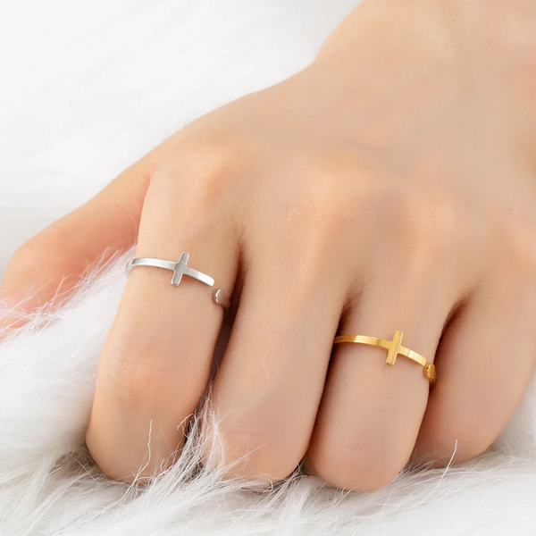 Grace Adjustable Cross Ring – Stainless Steel with Gold or Silver Plating