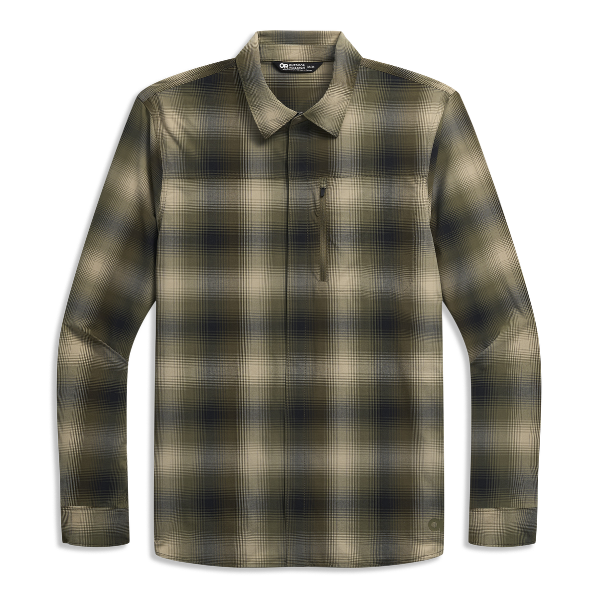 Outdoor Research Men's Astroman Long Sleeve Sun Shirt in Ranger Green Plaid, front view