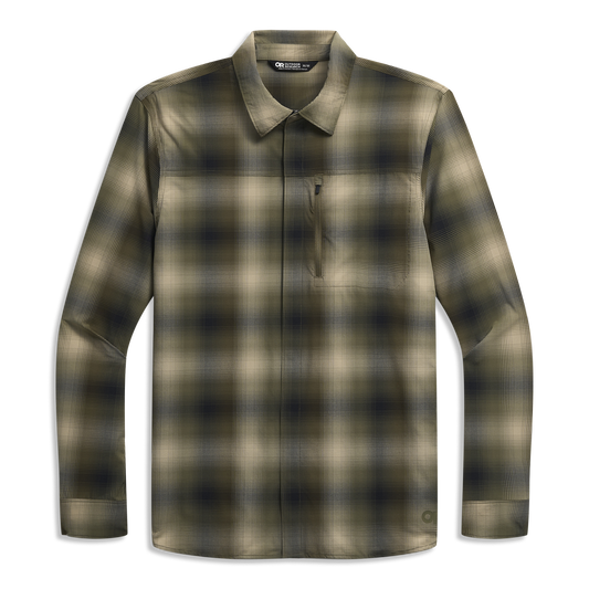 Outdoor Research Men's Astroman Long Sleeve Sun Shirt in Ranger Green Plaid, front view