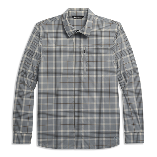 Outdoor Research Men's Astroman Long Sleeve Sun Shirt in Light Pewter Plaid, front view