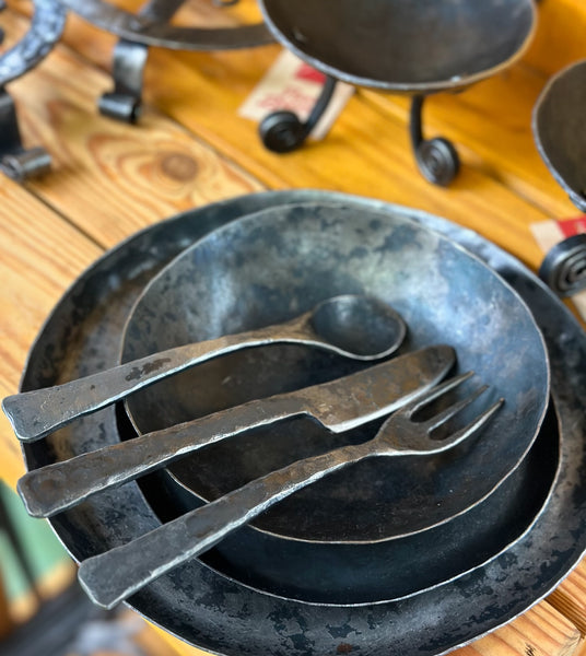 Blacksmith Dinner Plates and Bowl with Knife, Fork, and Spoon