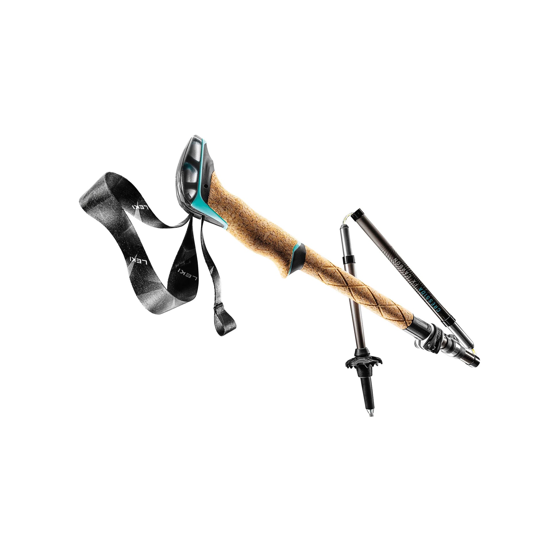 Folded LEKI Cressida FX Carbon trekking pole emphasizing its lightweight and compact portability.