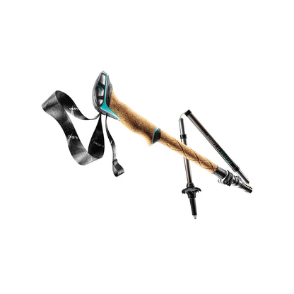 Folded LEKI Cressida FX Carbon trekking pole emphasizing its lightweight and compact portability.