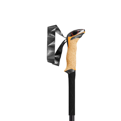 Close-up of ergonomic Aergon Air cork grip with padded adjustable strap on the LEKI Makalu Cork Lite trekking pole.