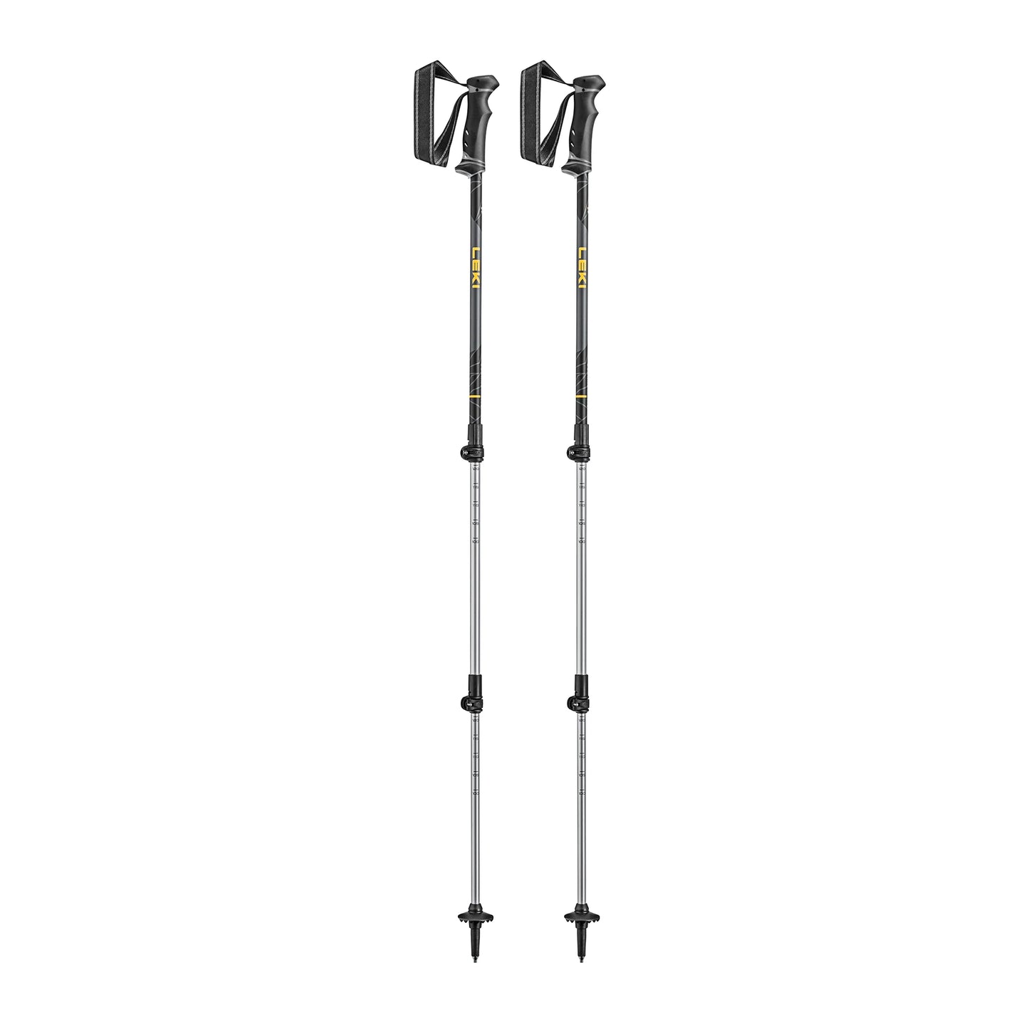 LEKI Journey Lite trekking poles pair in black and silver aluminum, fully extended