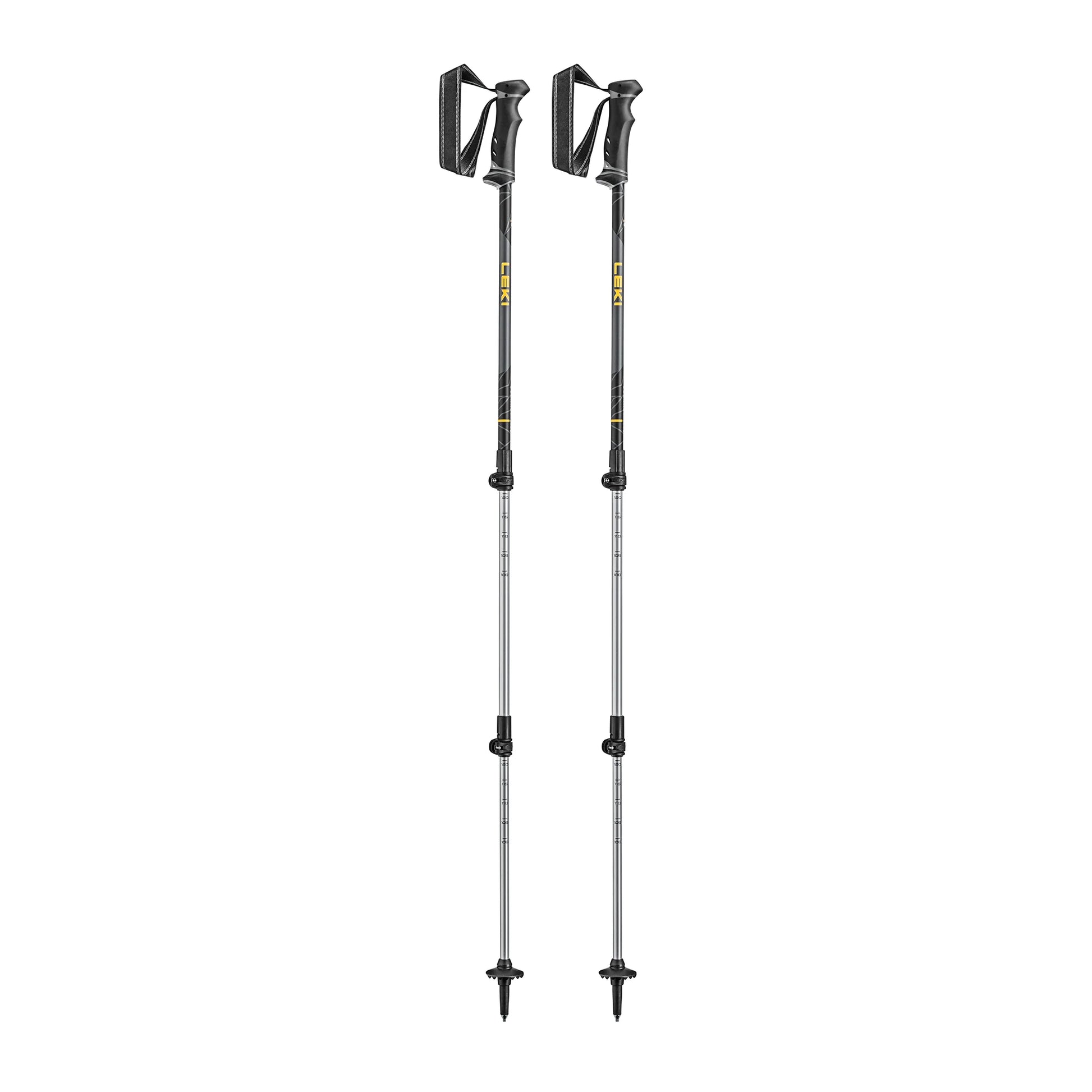 LEKI Journey Lite trekking poles pair in black and silver aluminum, fully extended
