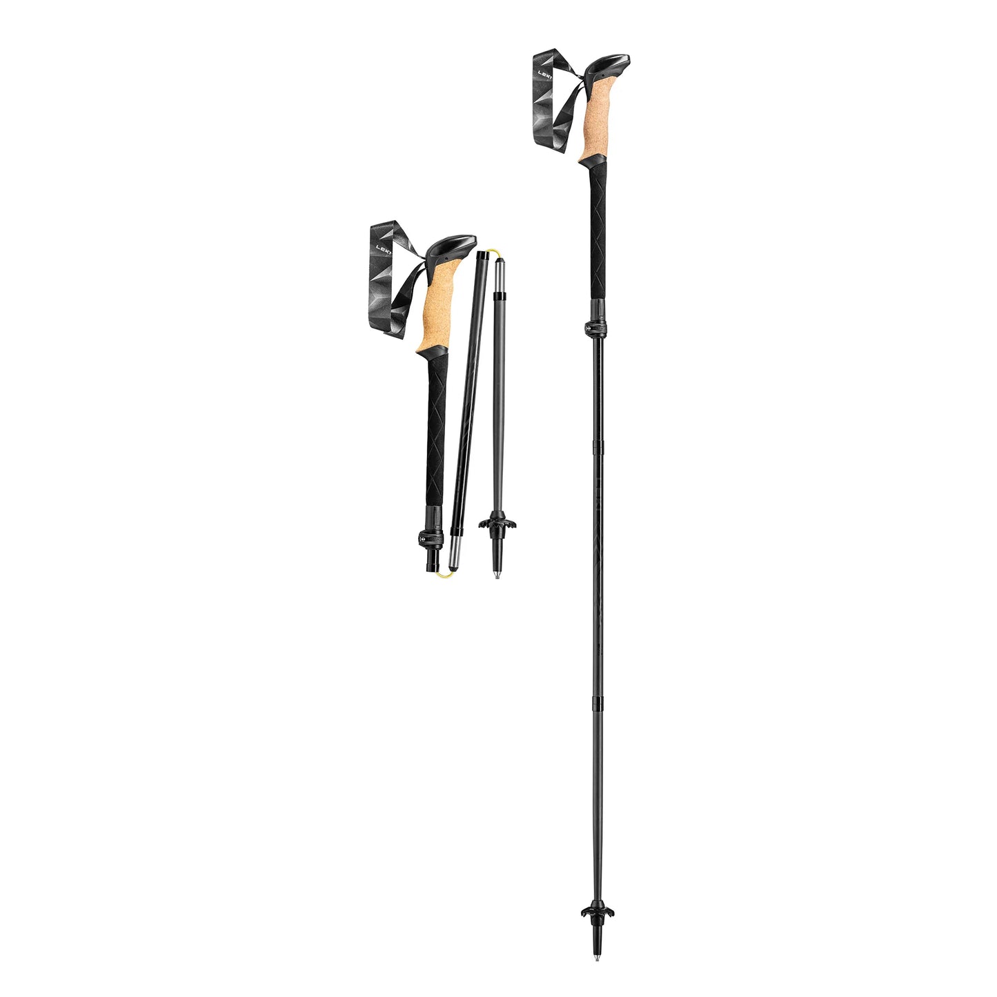 Pair of fully extended LEKI Black Series FX Carbon trekking poles with cork grips and carbon shafts.