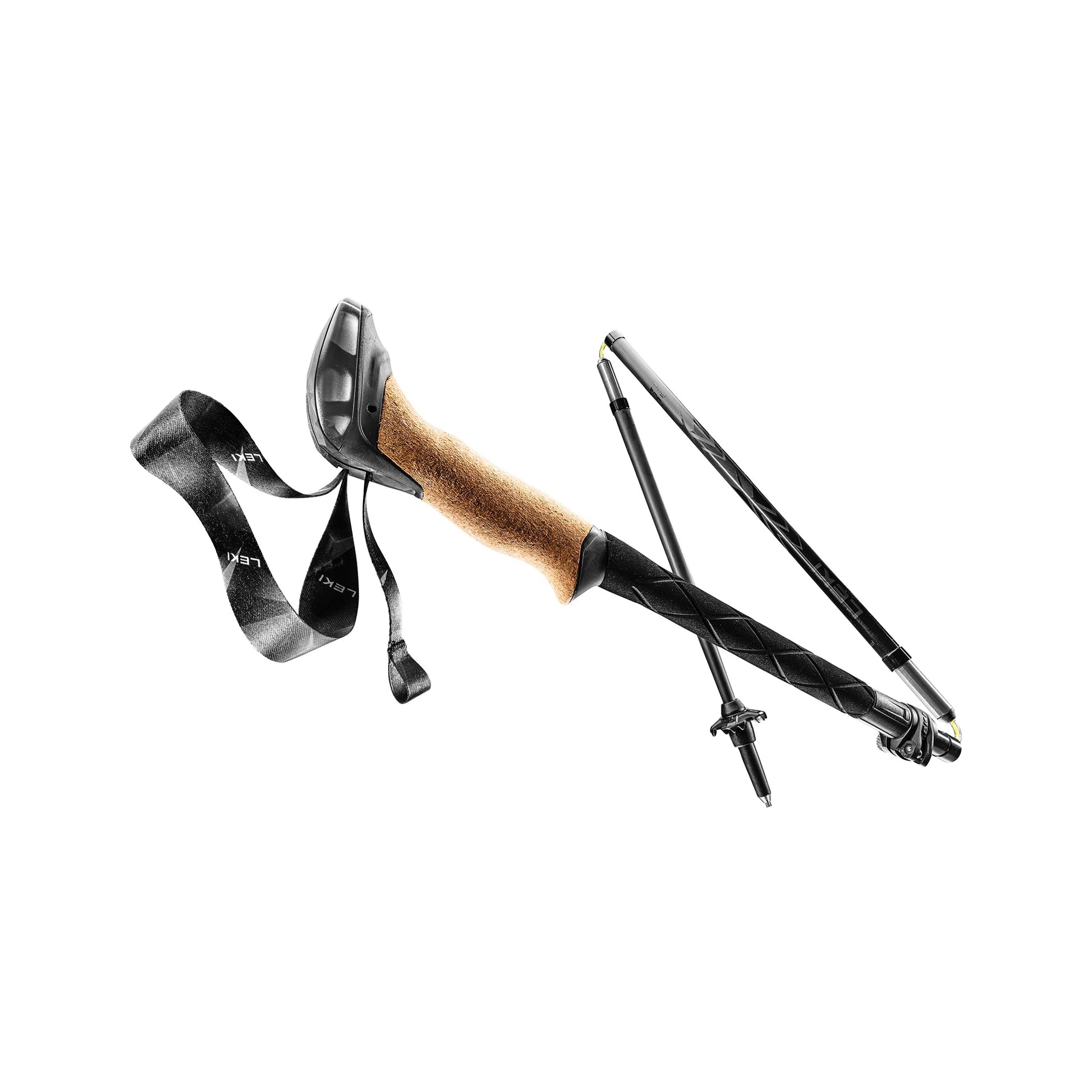 LEKI Black Series FX Carbon trekking pole shown in collapsed position for compact storage.