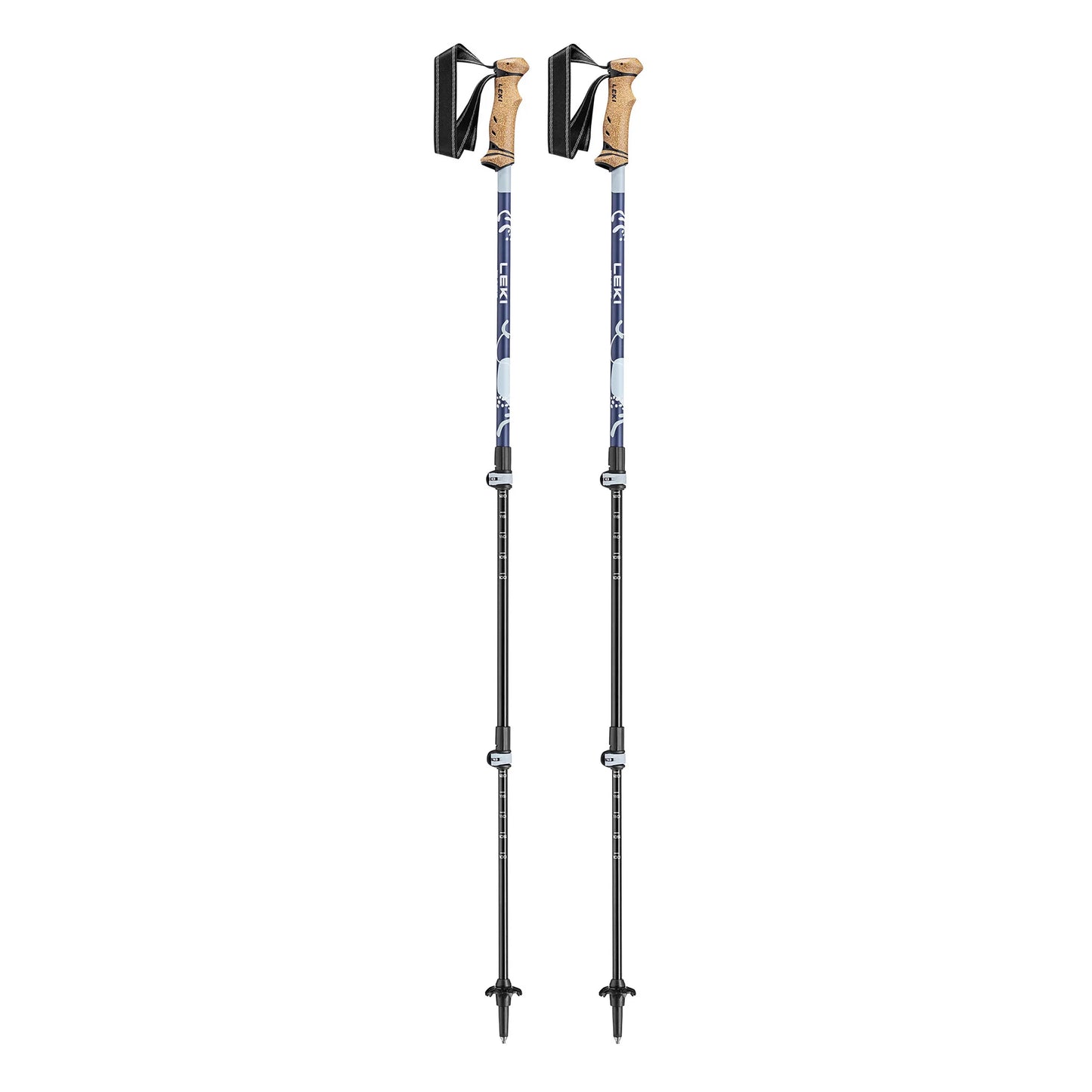 Pair of Spirit Lite trekking poles in blue and black with Evocon cork grips, shown standing upright.