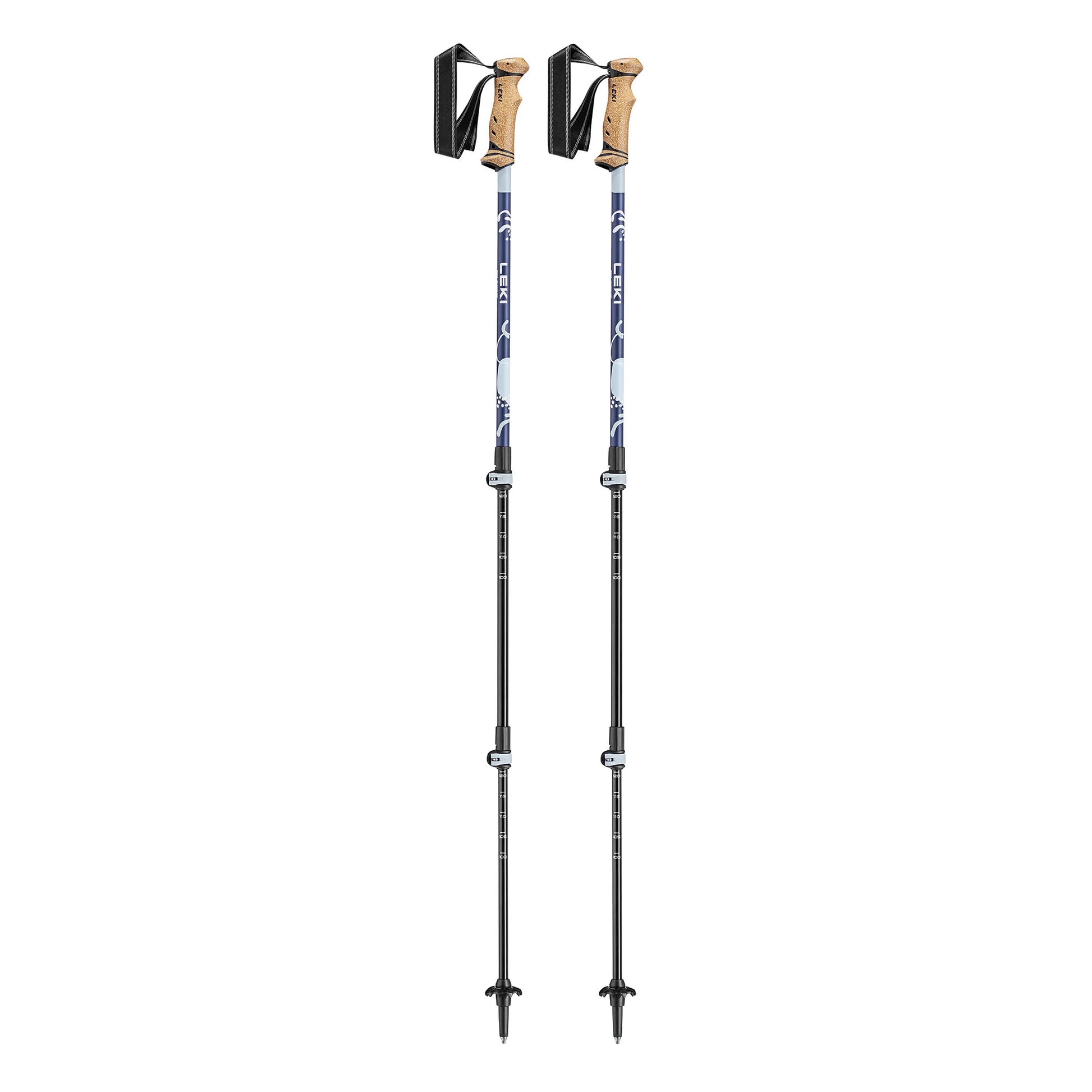 Pair of Spirit Lite trekking poles in blue and black with Evocon cork grips, shown standing upright.