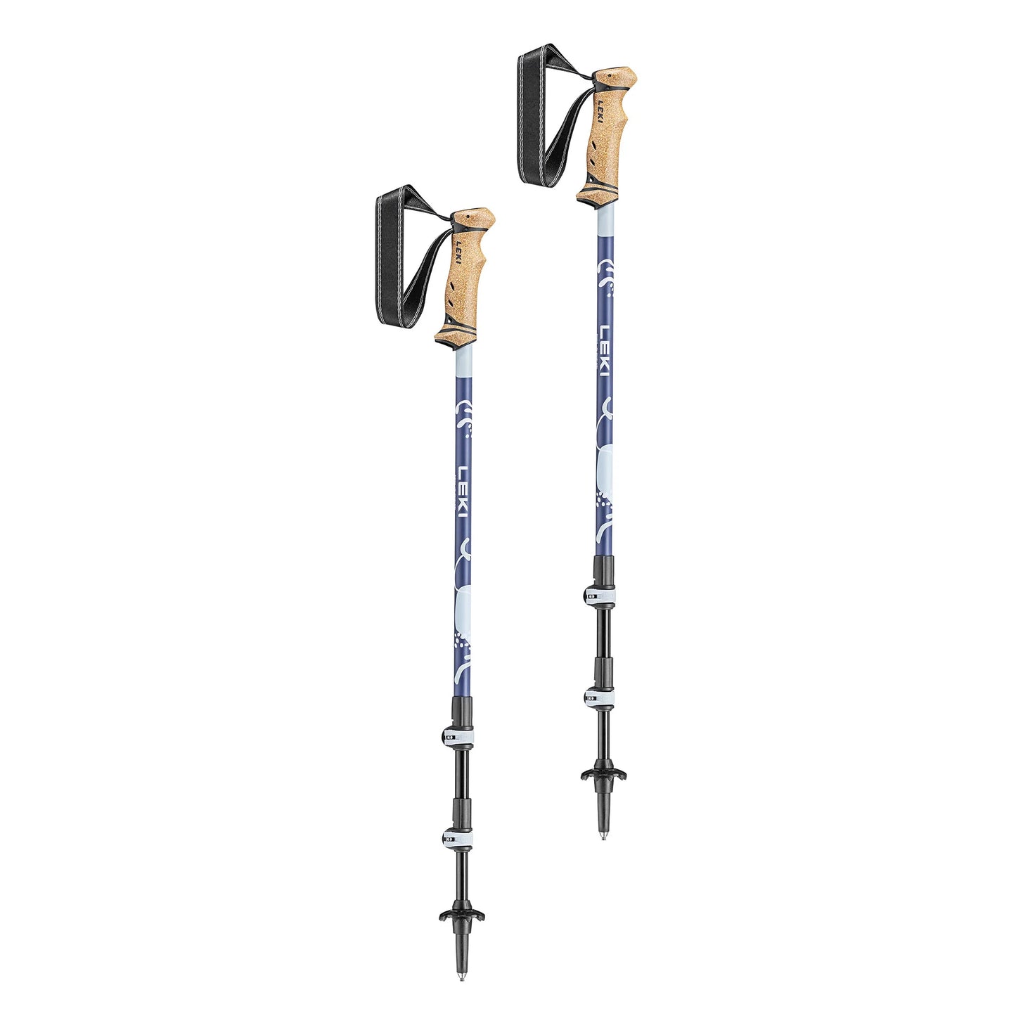Angled view of Spirit Lite trekking poles highlighting cork grips and lightweight aluminum shafts.