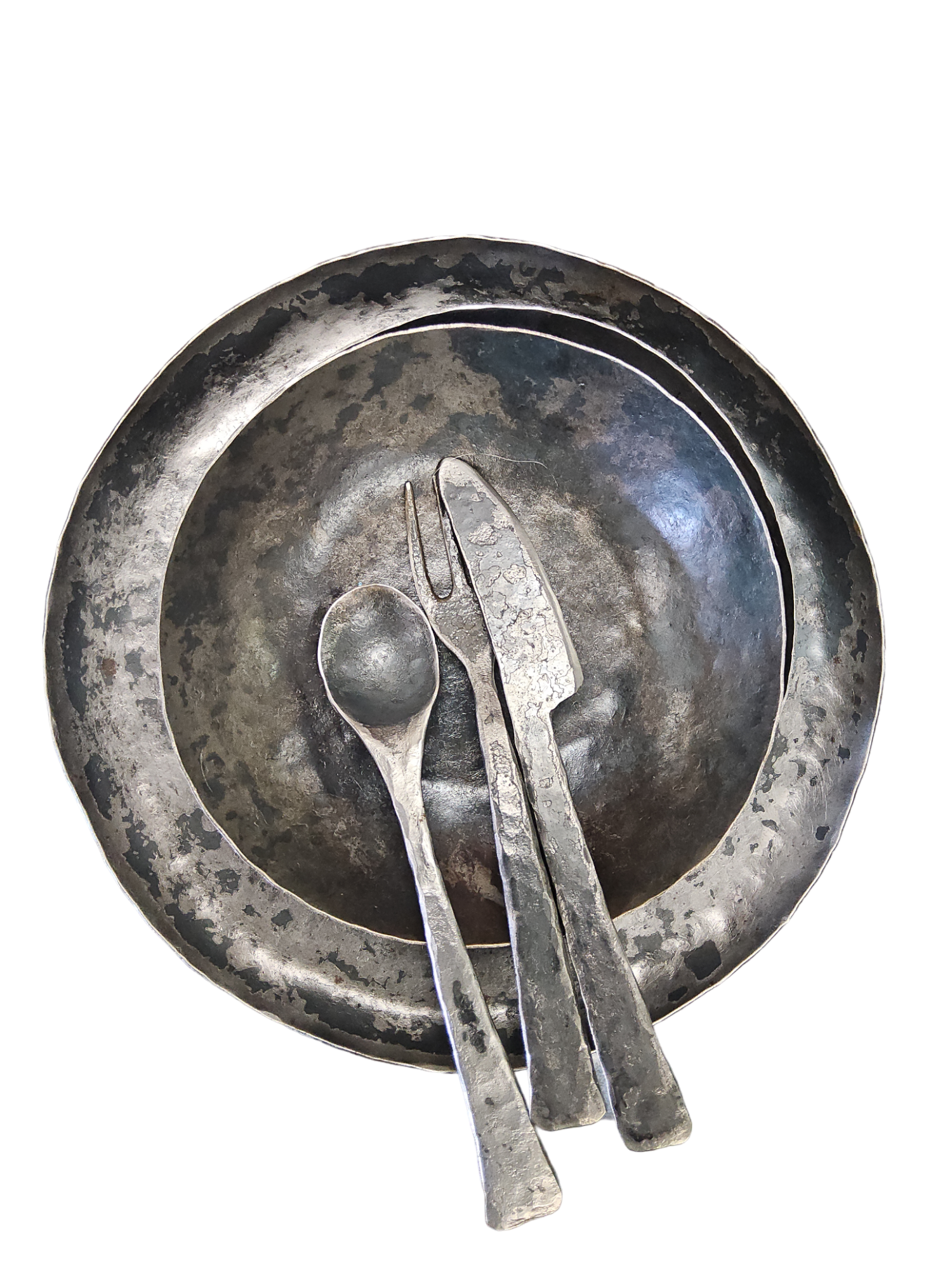 Blacksmith Dinner Plates and Bowl with Knife, Fork, and Spoon