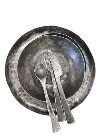 Blacksmith Dinner Plates and Bowl with Knife, Fork, and Spoon