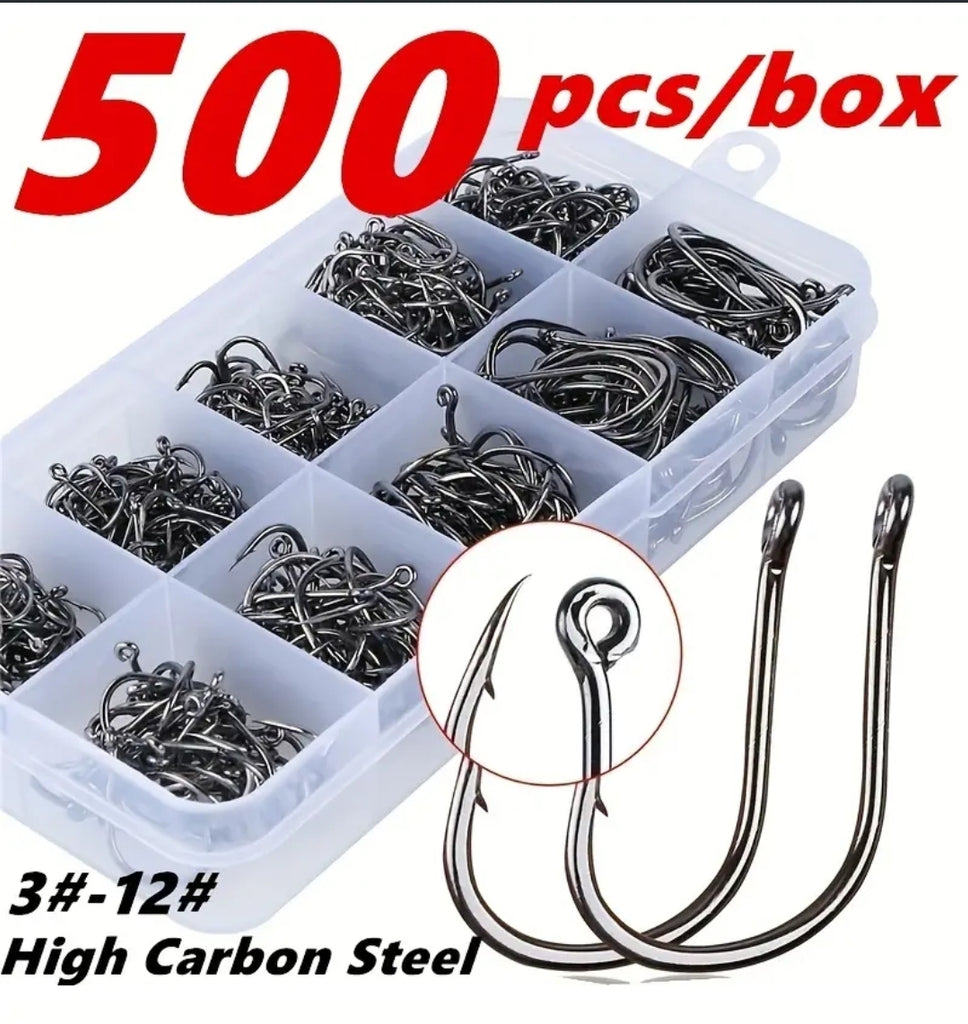 500pcs Carbon Steel Fishing Hooks #3 - #12
