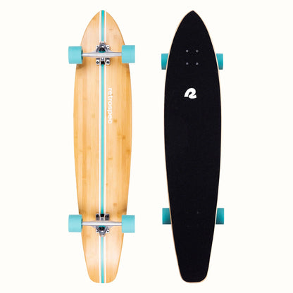 Two longboards, one wooden and one black, on a white background