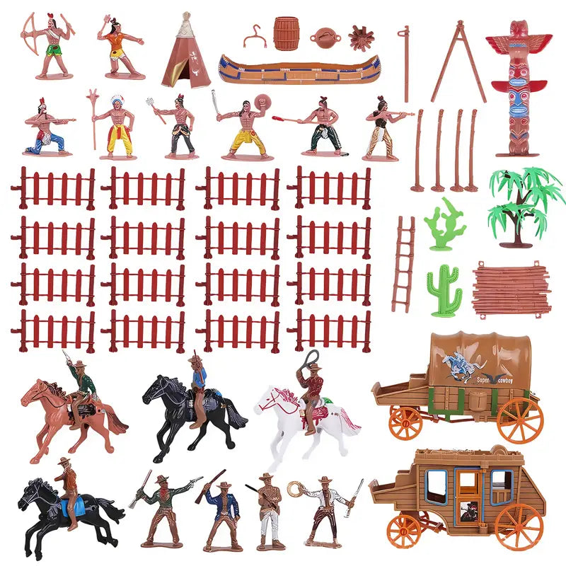 72-piece Western cowboy and Native American playset with figures and wagons