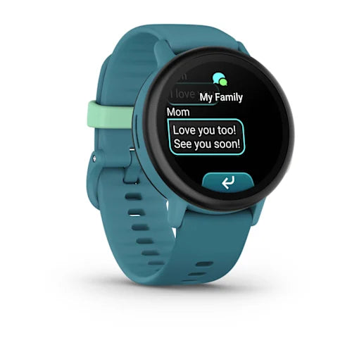 Garmin Bounce 2 kids smartwatch in Turquoise, left angle