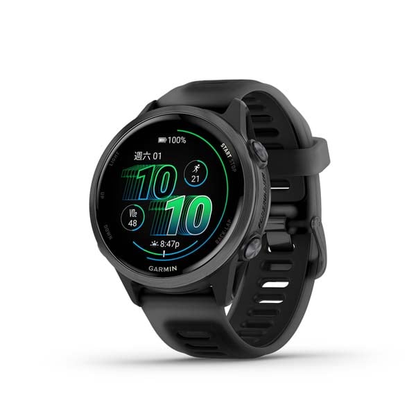 Garmin Forerunner 570 42mm in Slate Gray with Translucent Black and Black band, front view