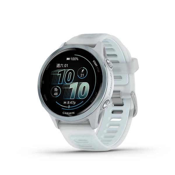 Garmin Forerunner 570 42mm in Cloud Blue with Translucent Whitestone and Cloud Blue band, front view