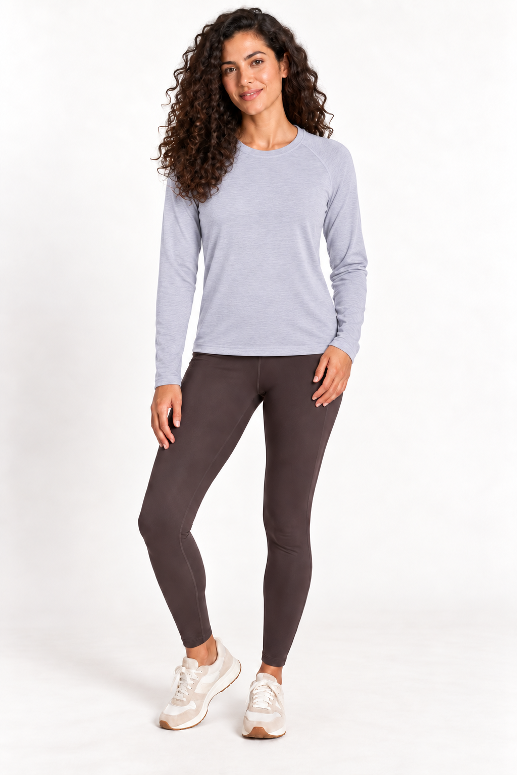 Model wearing Grace Dog River Performance Tech Long Sleeve in Coastal Mist, front view