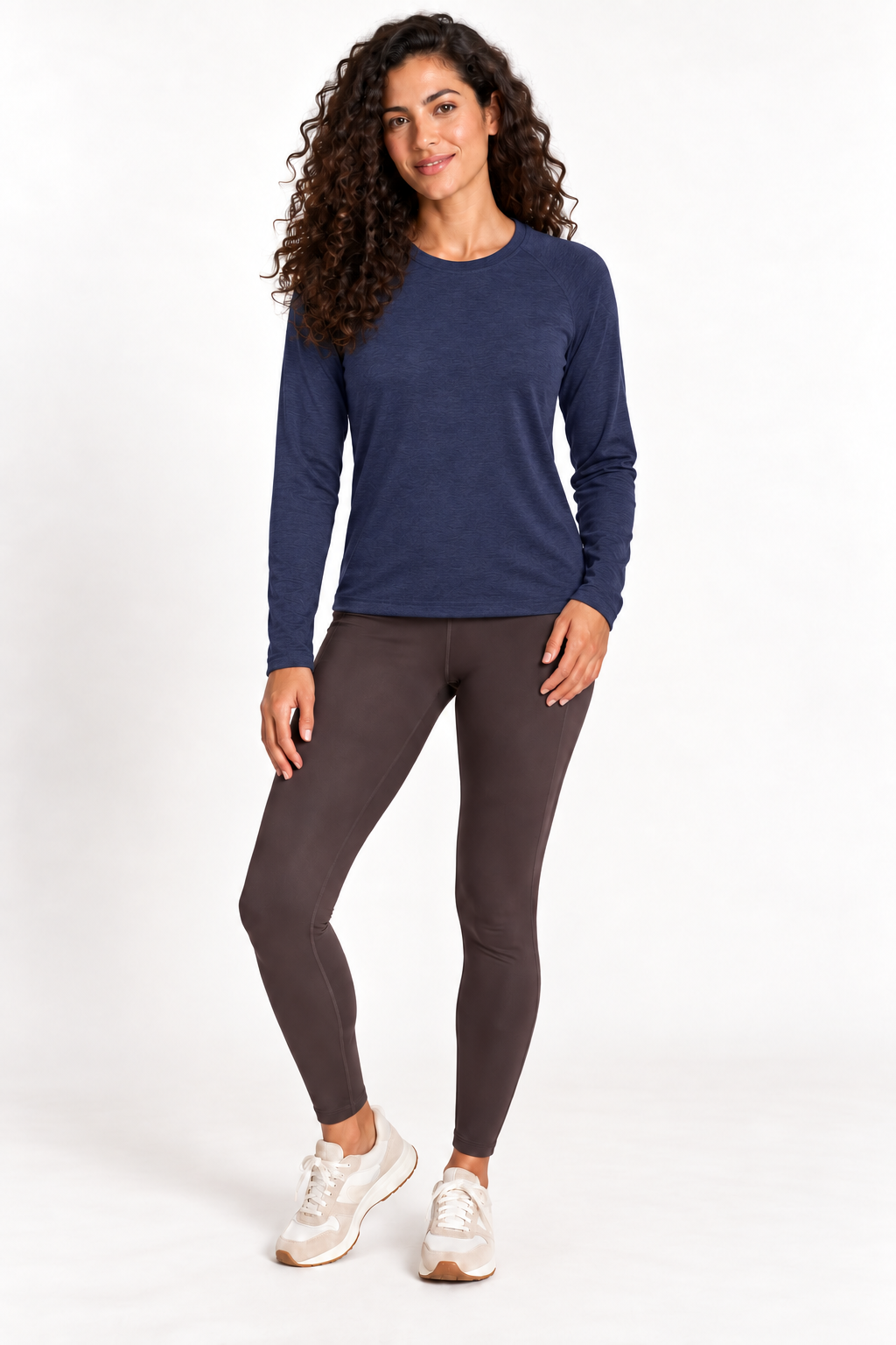 Model wearing Grace Dog River Performance Tech Long Sleeve in Deep Harbor, front view