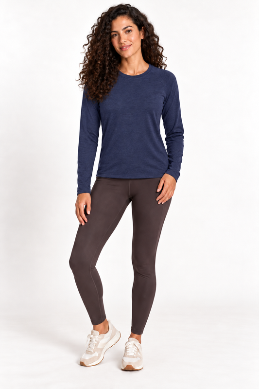 Model wearing Grace Dog River Performance Tech Long Sleeve in Deep Harbor, front view
