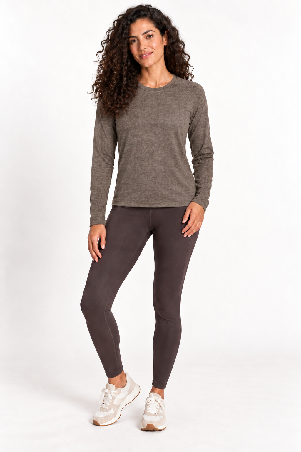 Model wearing Grace Dog River Performance Tech Long Sleeve in Driftwood, front view