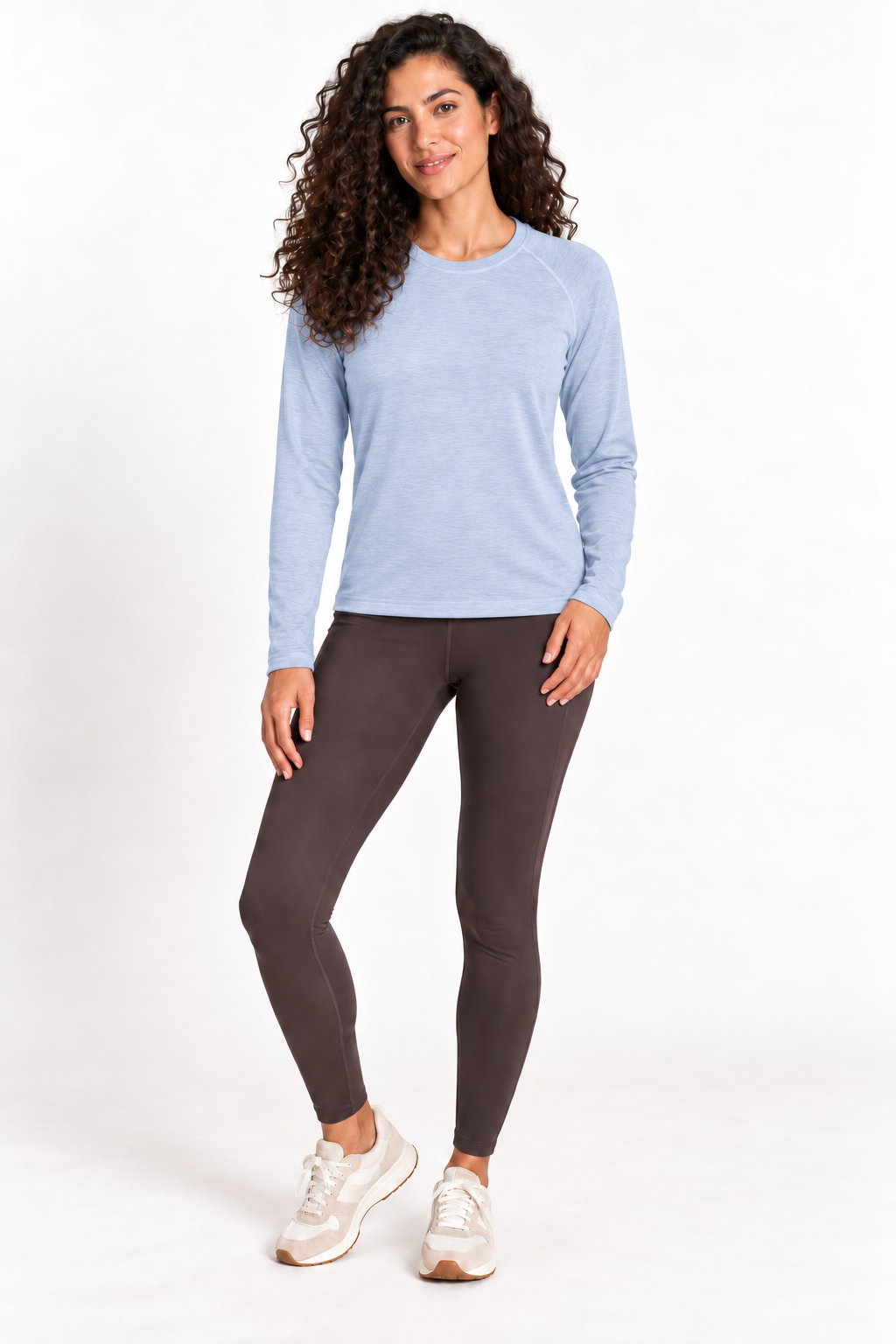 Model wearing Grace Dog River Performance Tech Long Sleeve in Gulf Sky, front view