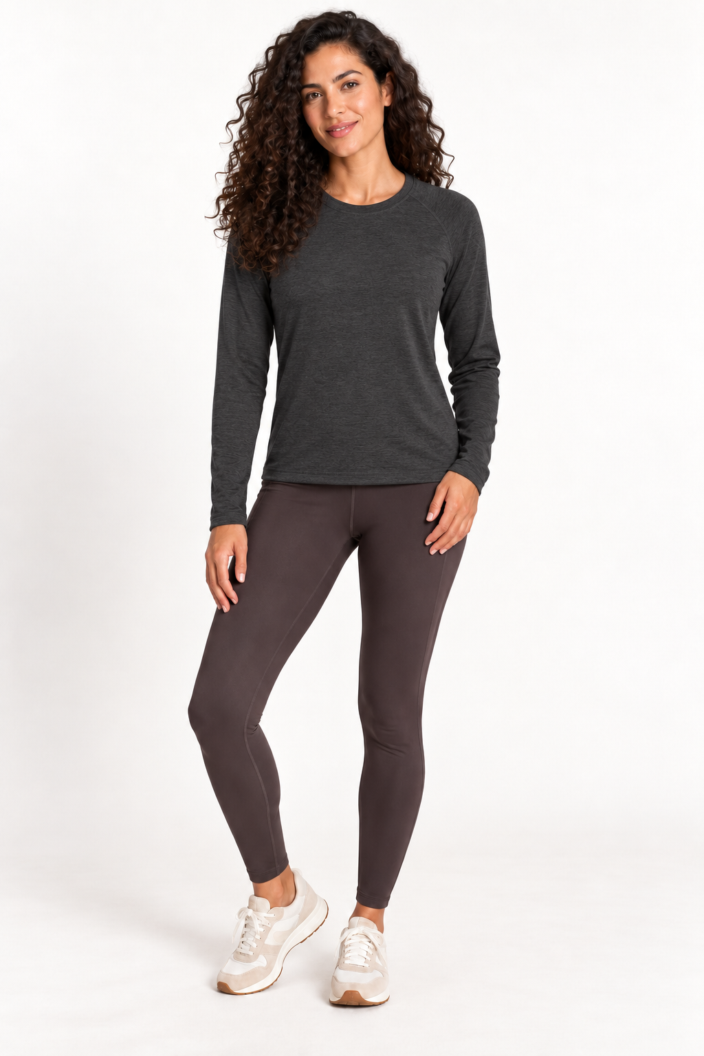 Model wearing Grace Dog River Performance Tech Long Sleeve in Heather Black, front view