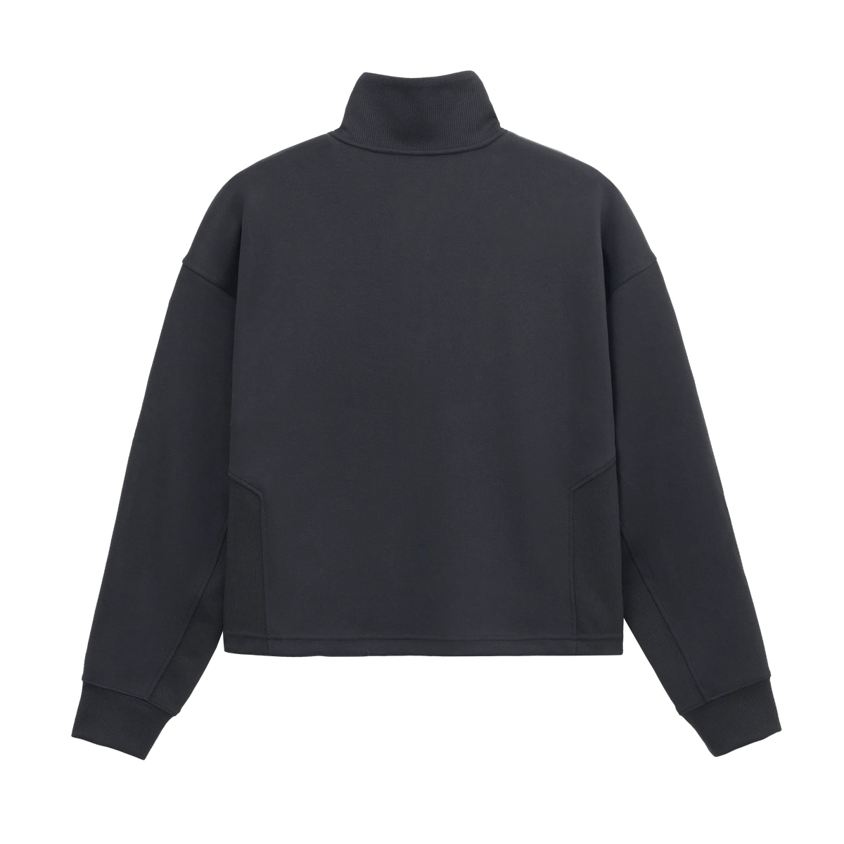Back view of Grace Fairhope Boxy Quarter Zip in Black showing the stand collar, dropped shoulders and ribbed side panels