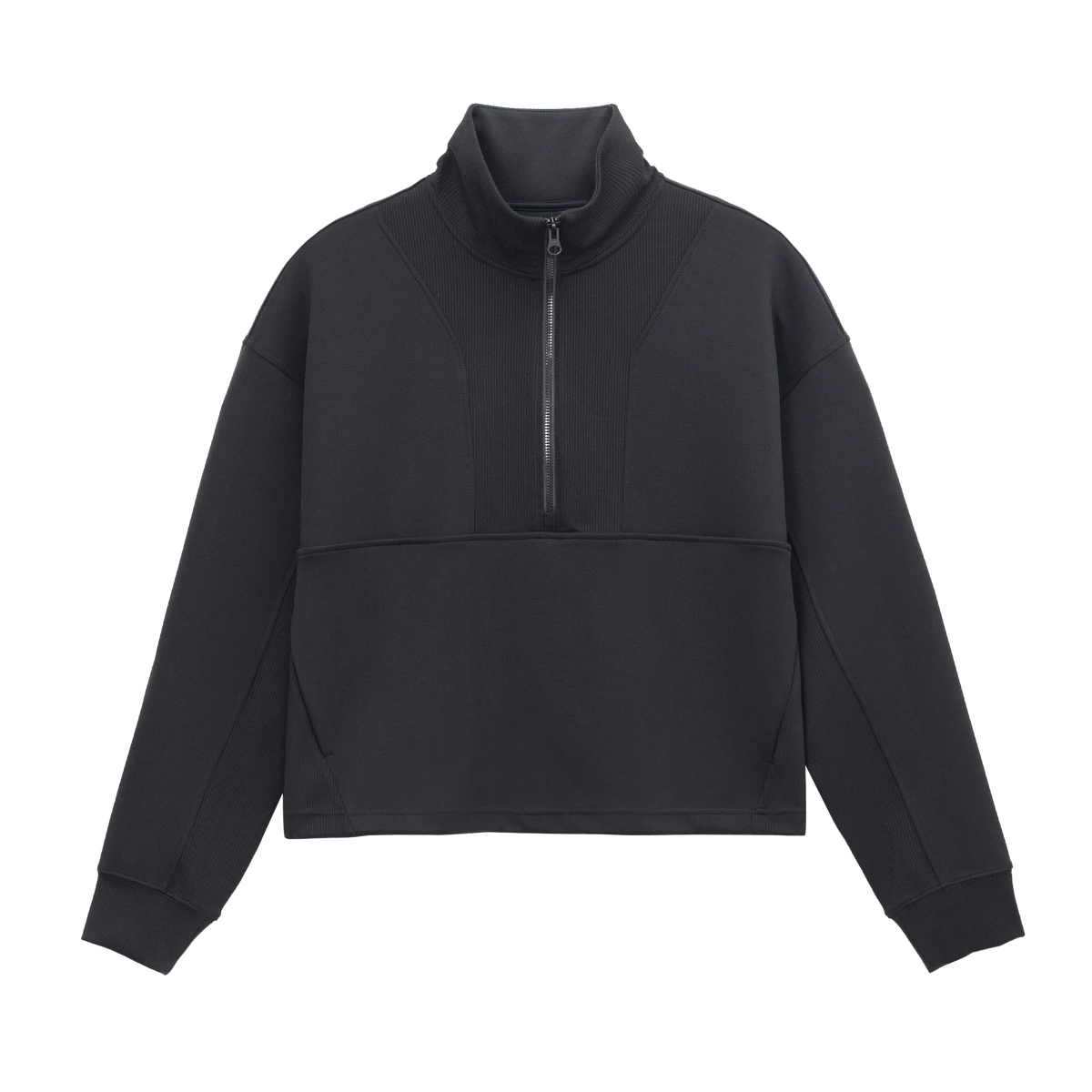 Front view of Grace Fairhope Boxy Quarter Zip in Black showing ribbed collar, quarter zip and kangaroo pocket