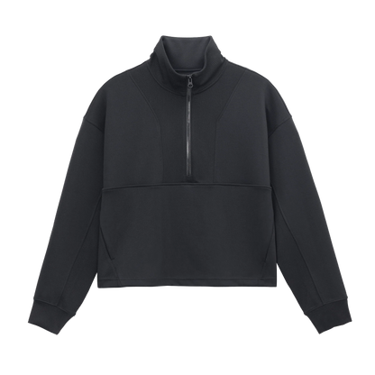 Front view of Grace Fairhope Boxy Quarter Zip in Black showing ribbed collar, quarter zip and kangaroo pocket